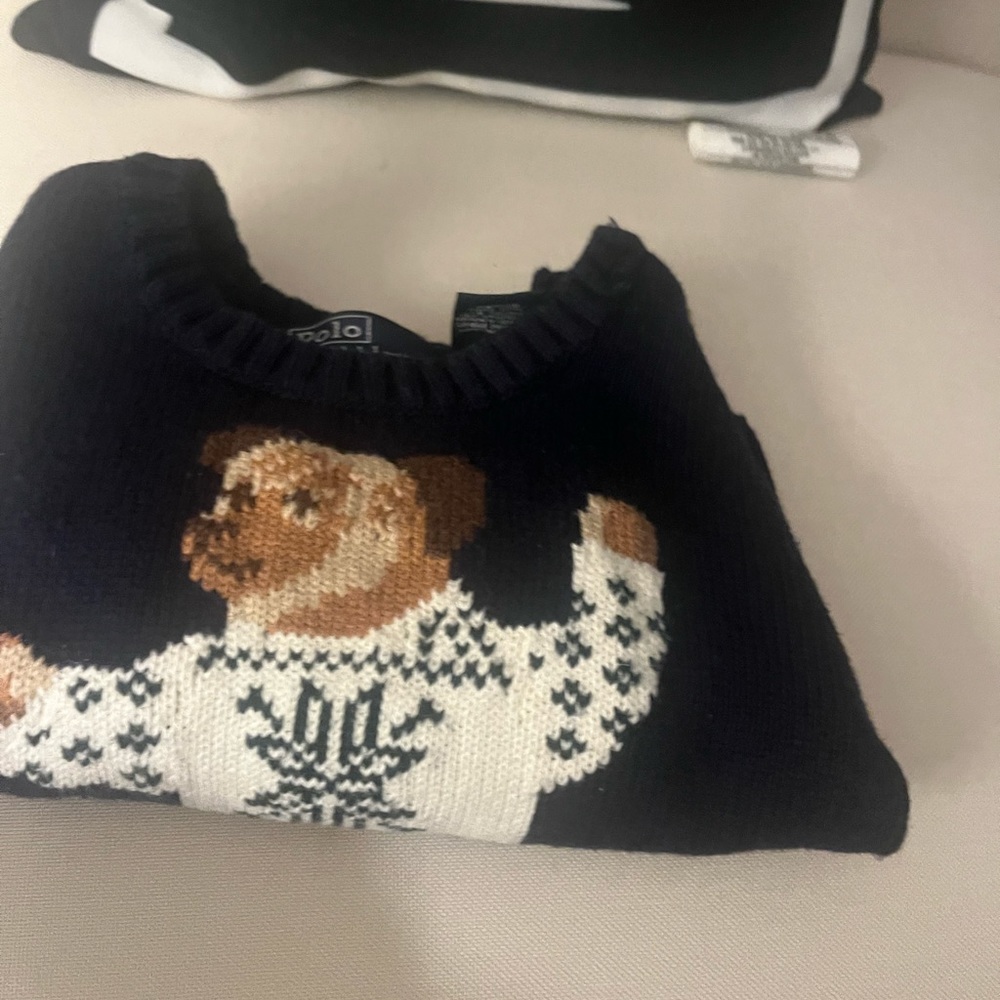 Polo Ralph Lauren  navy blue polo bear sweater missing button on top shoulder.